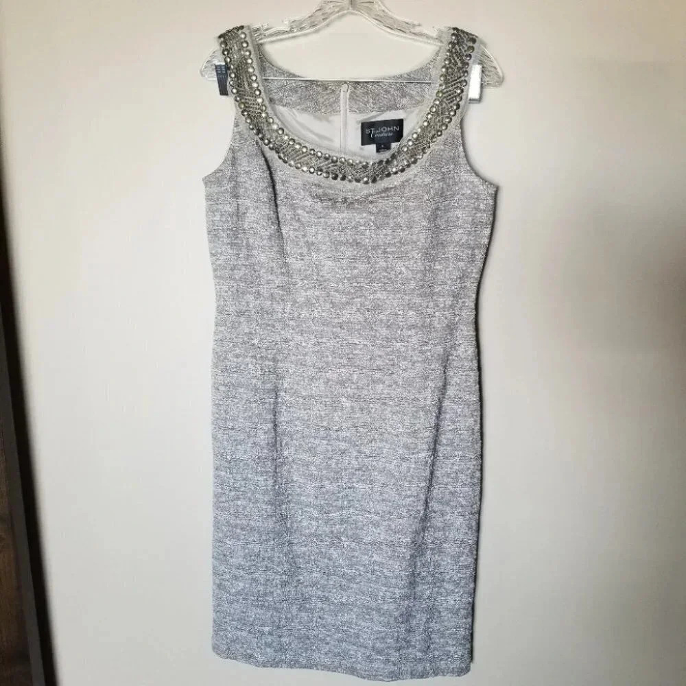 St. John Couture 8 Blazer Dress Set Embellished Metallic Grey Silver - Picture 3 of 15